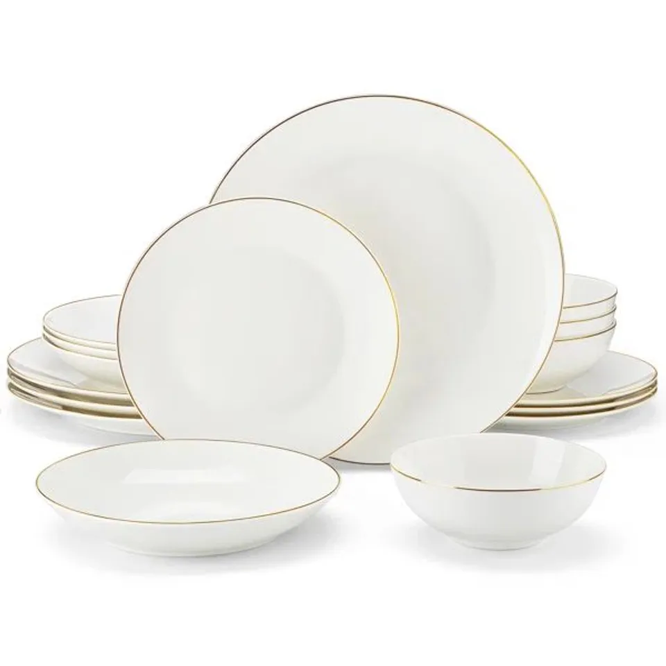BOXED 16-PIECE WHITE BONE PORCELAIN DINNERWARE SET WITH GOLD TRIM, SERVICE FOR 4