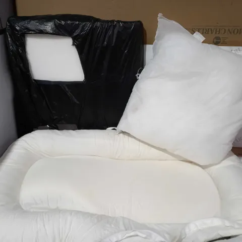 BOX OF 3 ITEMS TO INCLUDE FOAM SQUARE, CUSHION AND CUDDLE BABY CUSHION