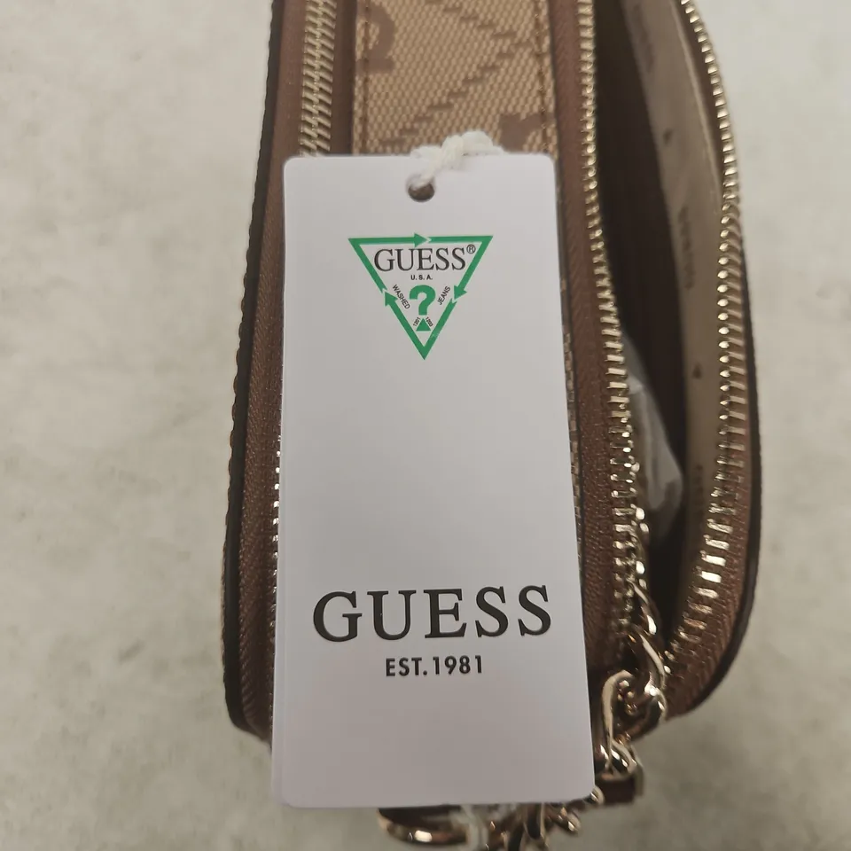 GUESS HANDBAG – LATTE BROWN MONOGRAM CROSSBODY BAG