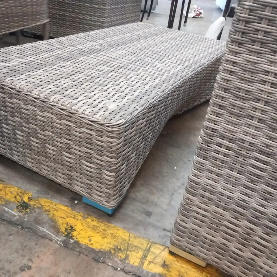 TWO SEATER RATTAN EFFECT GARDEN SOFA WITH COFFEE TABLE