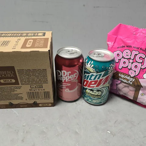 APPROXIMATELY 10 ASSORTED FOOD & DRINK ITEMS TO INCLUDE - FERRERO ROCHER MILK CHOCOLATE BAR , PERCY PIG SQUIDGY SNOUTS , MOUNTAIN DEW BAJA BLAST ETC