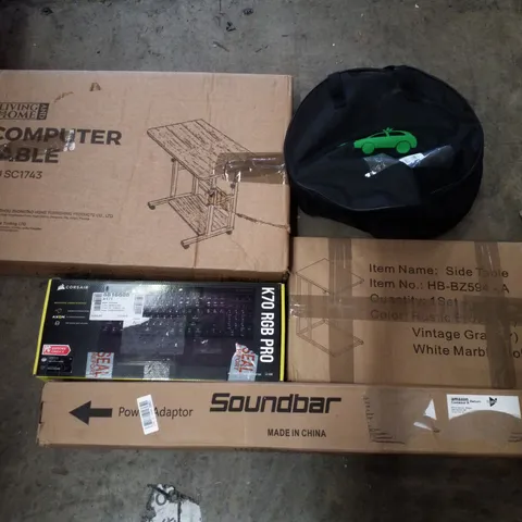 PALLET CONTAINING ASSORTED PRODUCTS INCLUDING COMPUTER TABLE, SOUNDBAR, CORSAIR RGB KEYBOARD, SIDE TABLE & EV CHARGER 