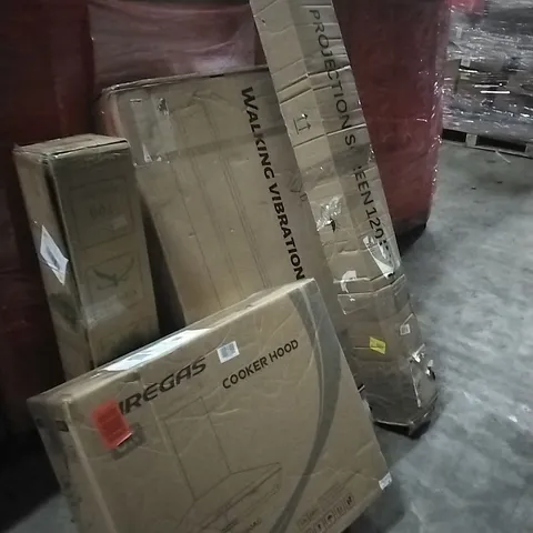 PALLET OF HOUSEHOLD ITEMS TO INCLUDE CHRISTMAS TREE,COOKER HOOD,WALKING VIBRATION PAD,PROJECTION SCREEN AND OTHER ASSORTED ITEMS...