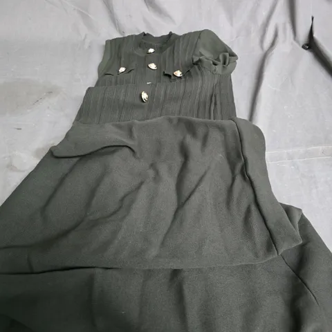 KAREN MILLEN OLIVE VISCOSE-BLEND MAXI KNIT DRESS WITH CHIFFON SLEEVE MILITARY TRIM