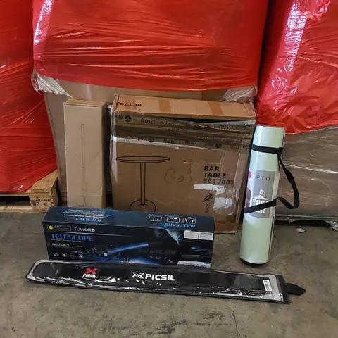 PALLET OF ASSORTED ITEMS INCLUDING: BAR TABLE, TELESCOPE, FLOOR MOP, YOGA MAT, STRENGTH BELT