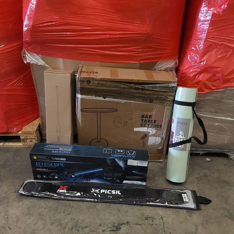 PALLET OF ASSORTED ITEMS INCLUDING: BAR TABLE, TELESCOPE, FLOOR MOP, YOGA MAT, STRENGTH BELT