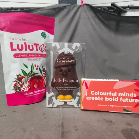 APPROXIMATELY 5 ASSORTED FOOD AND DRINK ITEMS TO INCLUDE HOTEL CHOCOLAT, LULUTOX, ETC