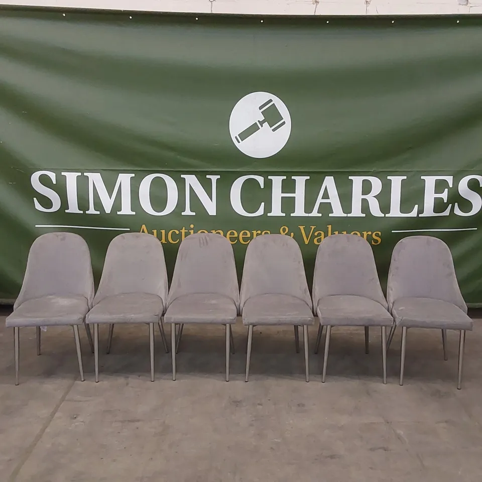 SET OF 6 RICCO GREY VELVET UPHOLSTERED DINING CHAIRS WITH CHROME LEGS