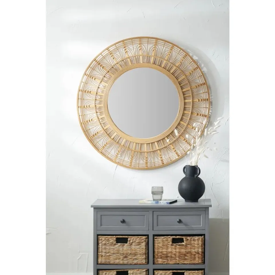 BOXED BAMBOO/RATTAN ROUND MIRROR - NATURAL