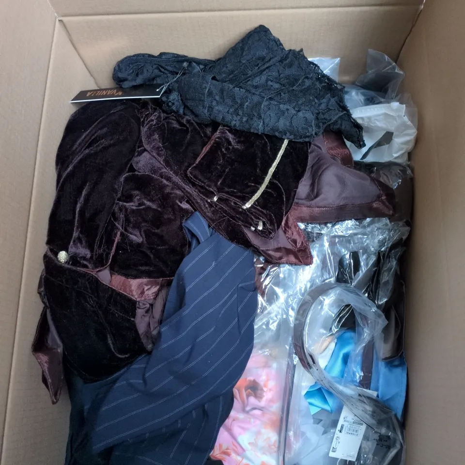 BOX OF APPROXIMATELY 20 ASSORTED CLOTHING ITEMS TO INCLUDE PINK FLUFFY JUMPER, BLUE WIND BREAKER, BOBBLE CAP, LONG THERMAL SOCKS ETC