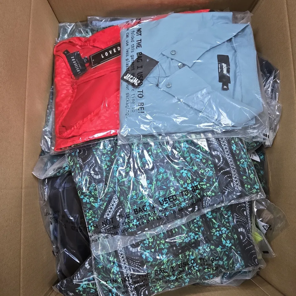 LARGE BOX OF APPROX 20 ASSORTED CLOTHING ITEMS IN VARIOUS STYLES, SIZES AND COLORS - COLLECTION ONLY