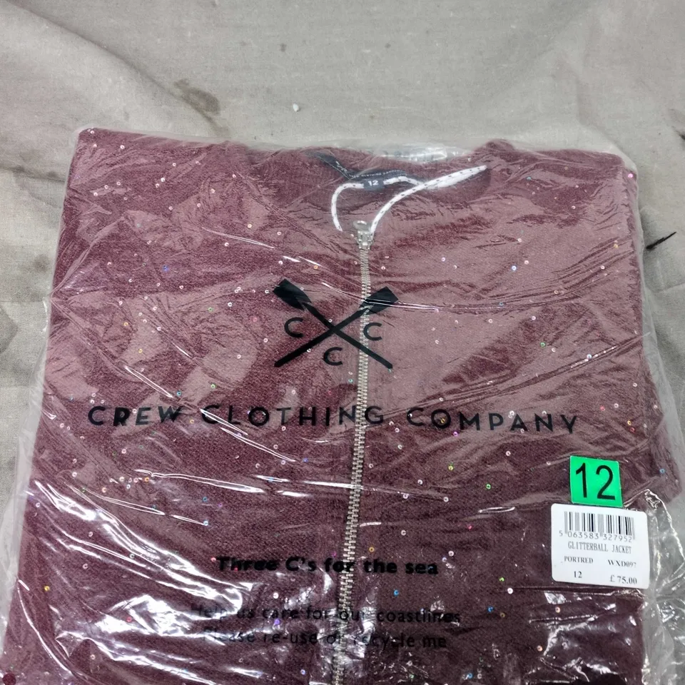 CREW CLOTHING COMPANY GLITTERBALL JACKET – BURGUNDY GLITTER, UK 12