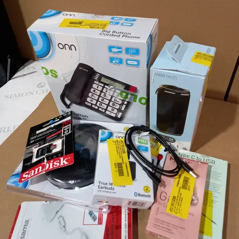 LOT OF APPROX. 10 X ITEMS TO INCLUDE ASDA TECH PORTABLE BLUETOOTH SPEAKER, ONN BIG BUTTON CORDED PHONE, SANDISK MICROSDXC UHS-I CARD, ETC.