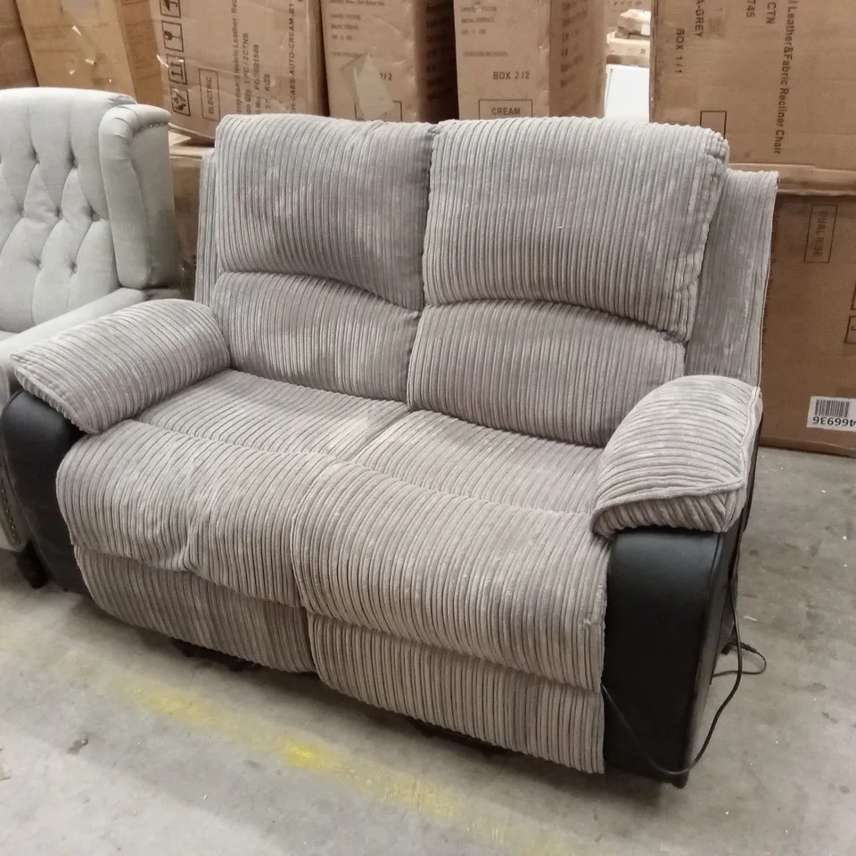 DESIGNER 2 SEATER FAUX LEATHER & CORDUROY FABRIC ELECTRIC RECLINER SOFA - GREY/BLACK