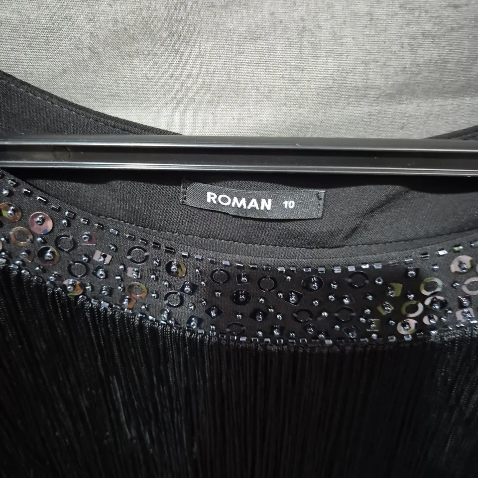 ROMAN WOMEN’S BLACK FRINGE DRESS WITH BEADED NECKLINE – UK SIZE 10