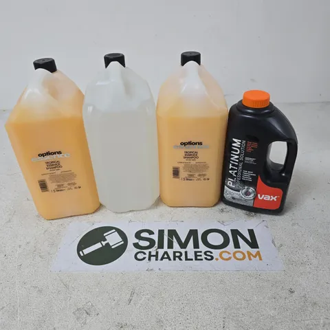 APPROXIMATELY 4 ASSORTED LARGE LIQUIDS TO INCLUDE OPTIONS ESSENCE SHAMPOO, VAX PLATINUM PROFESSIONAL SOLUTION, ETC - COLLECTION ONLY