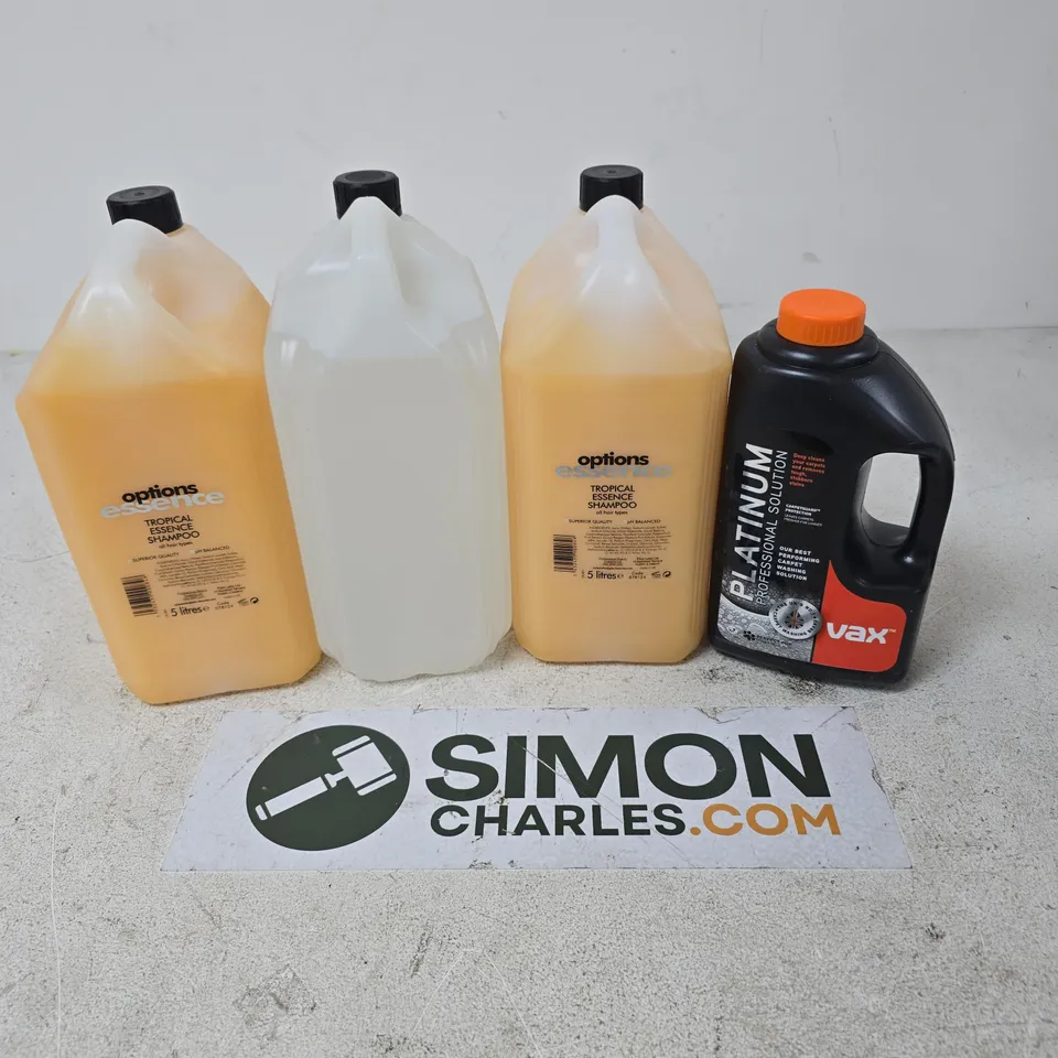 APPROXIMATELY 4 ASSORTED LARGE LIQUIDS TO INCLUDE OPTIONS ESSENCE SHAMPOO, VAX PLATINUM PROFESSIONAL SOLUTION, ETC - COLLECTION ONLY