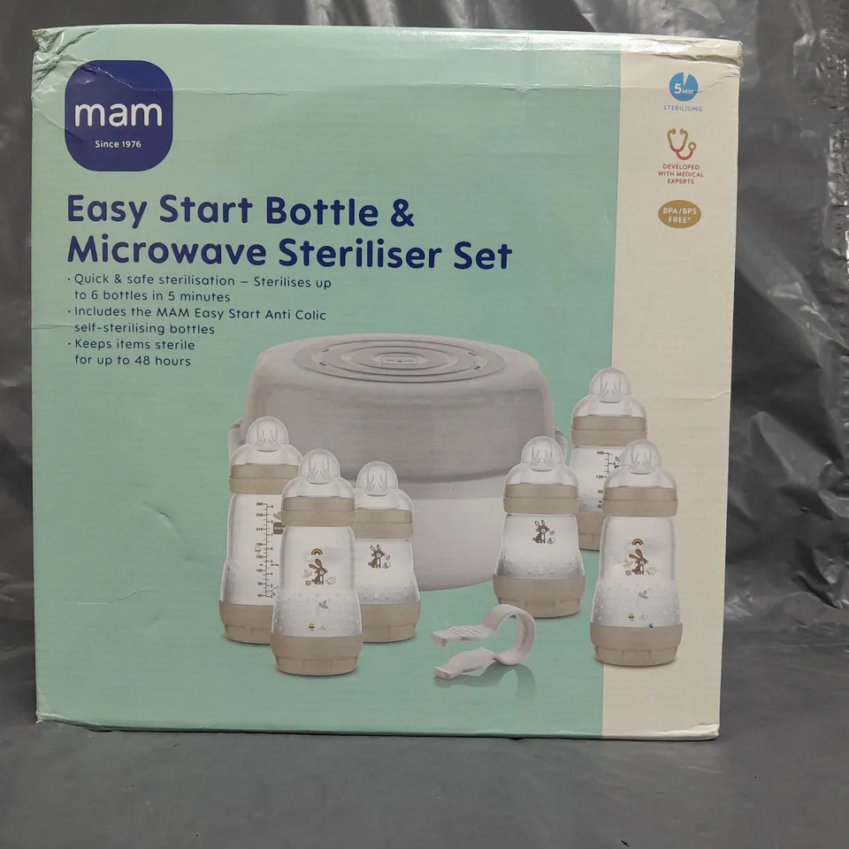 BOXED MAM MICROWAVE STEAM STERILISER & EASY START BABY BOTTLE SET