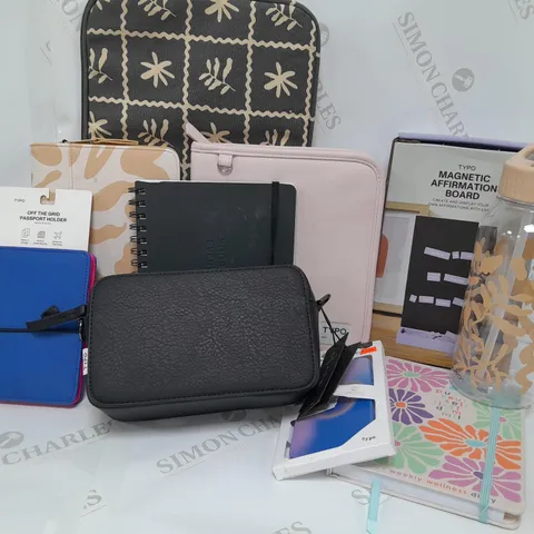 APPROXIMATELY 15 ASSORTED TYPO PRODUCTS TO INCLUDE TAKE ME AWAY 13-INCH LAPTOP CASE, OFF THE GRID TRAVEL WALLET, GIGI CAMERA CROSSBODY BAG, TYPO MAGNETIC AFFIRMATION BOARD 
