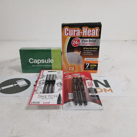 TOTE OF APPROXIMATELY 15 ASSORTED ITEMS TO INCLUDE CURA HEAT PAIN RELIEF, WATER2 CAPSULE FILTER, SHARPIES, UNIBALL PEN SET ETC