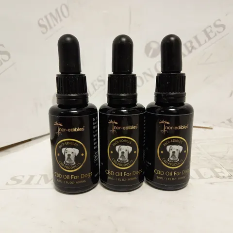 LOT OF 3 INCR-EDIBLES CBD OIL FOR DOGS 600MG (3 X 30ML)