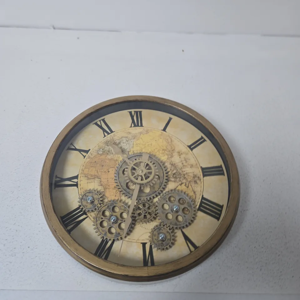 ROUND BRASS GEAR CLOCK WITH WORLD MAP DIAL – WALL CLOCK