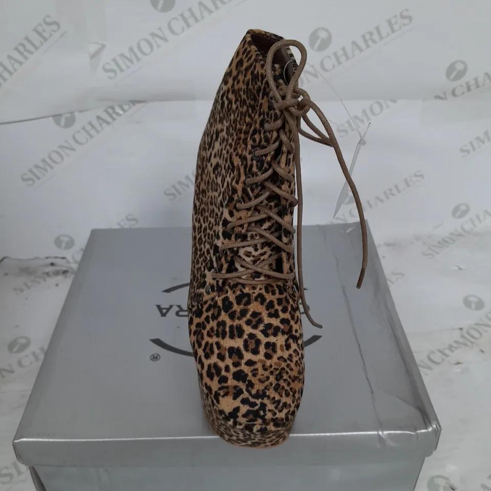 BOXED PAIR OF CASANDRA PLATFORM LACE UP BOOT IN LEOPARD SUEDE SIZE 3