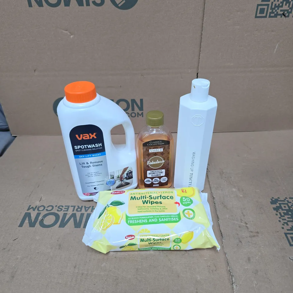 TOTE OF APPROXIMATELY 15 ASSORTED HOUSEHOLD ITEMS TO INCLUDE VAX SPOTWASH, CLEANING WIPES, WASHING UP TINCTURE ETC