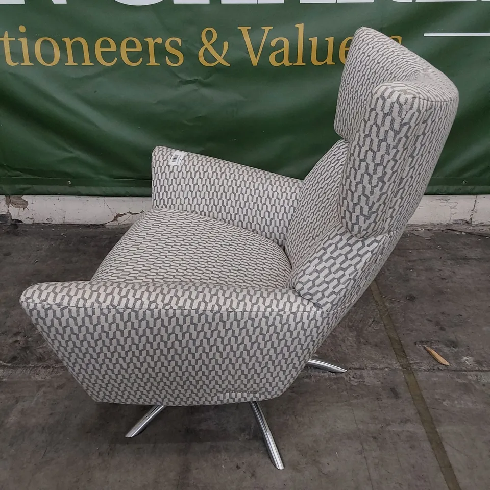 QUALITY BRITISH DESIGNER LOUNGE Co. JACOB UPHOLSTERED SWIVEL CHAIR ON STAR BASE GEOMETRIC GREY/BEIGE FABRIC 