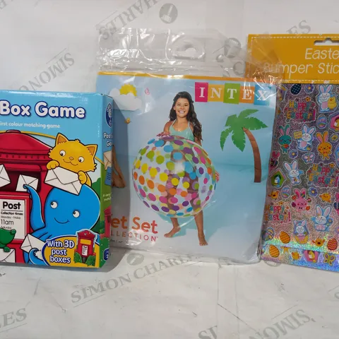 BOX OF APPROXIMATELY 10 ASSORTED TOYS AND GAMES TO INCLUDE EASTER BUMPER STICKER SET, INTEX WET SET COLLECTION, ORCHARD TOYS POST BOX GAME, ETC