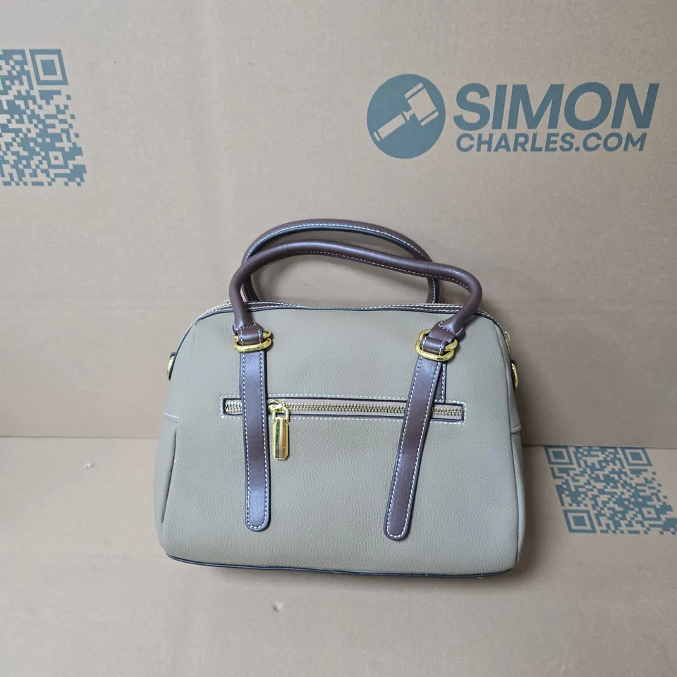 LIGHT BROWN HANDBAG WITH BROWN LEATHER HANDLES AND GOLD-TONE HARDWARE