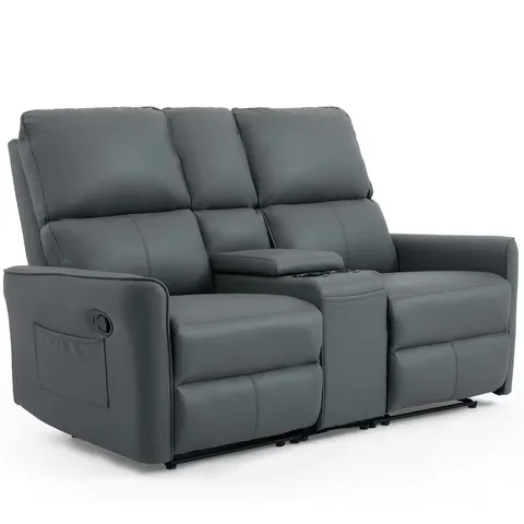 BOXED MADRID 2 SEATER AIR LEATHER RECLINER SOFA WITH DRINKS CONSOLE IN GREY (3 BOXES)