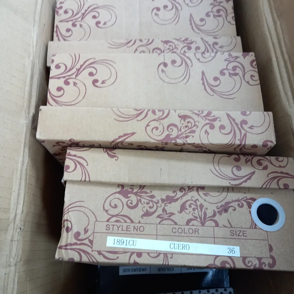 BOX OF 12 ASSORTED SHOES TO INCLUDE BROWN HEELS, BLACK HEELS ETC