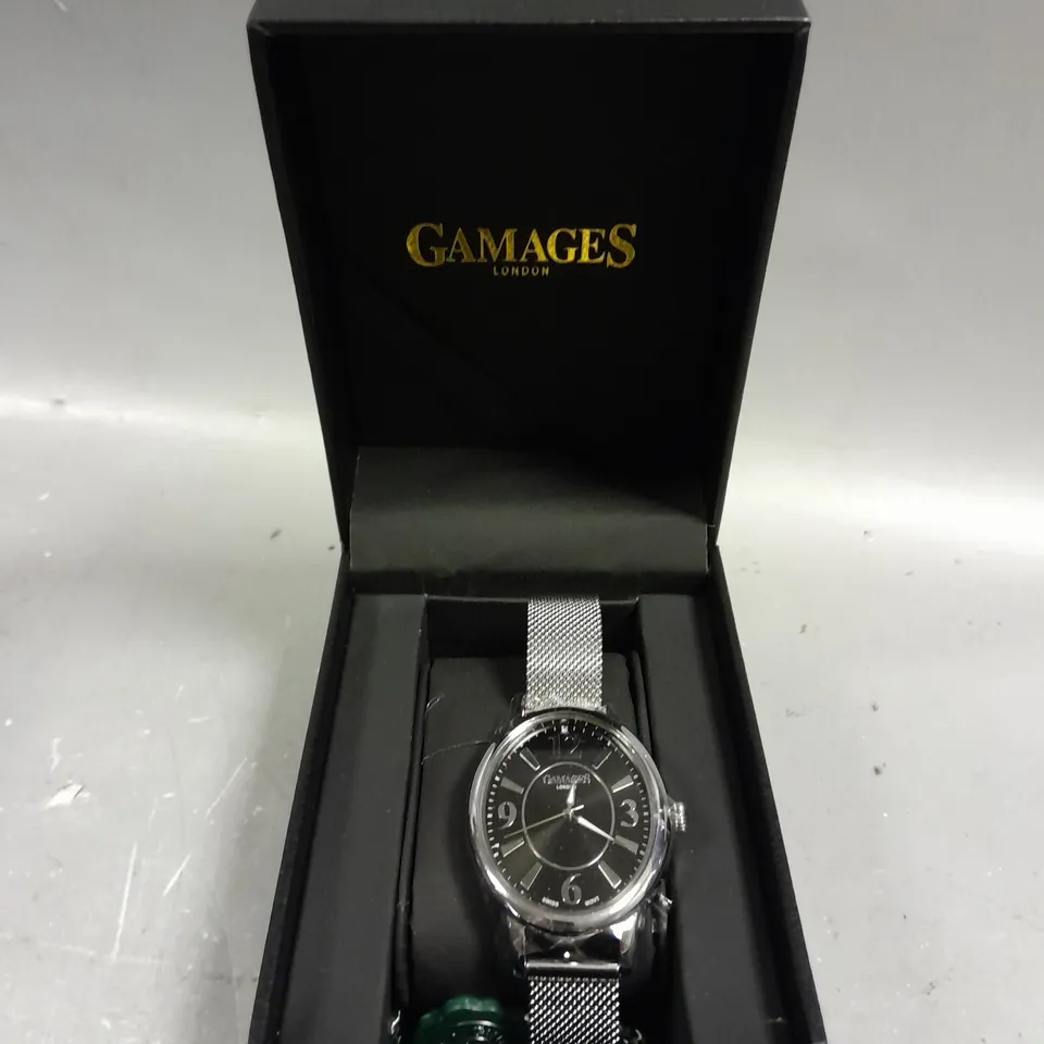 GAMAGES DUSK STEEL BLACK DIAL WATCH 