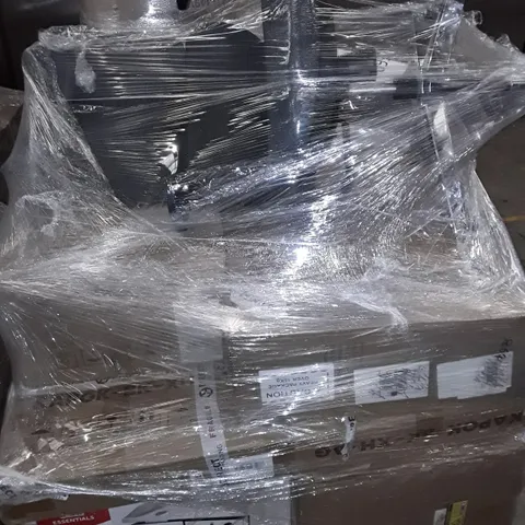 UNPROCESSED PALLET OF ASSORTED ITEMS TO INCLUDE STEELPLATE COUNTER TOP GRIDDLE, OFFICE CHAIR AND BOXED PINE SINGLE BED