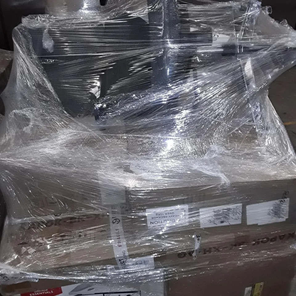 UNPROCESSED PALLET OF ASSORTED ITEMS TO INCLUDE STEELPLATE COUNTER TOP GRIDDLE, OFFICE CHAIR AND BOXED PINE SINGLE BED