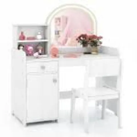 BOXED COSTWAY KIDS WHITE VANITY TABLE AND CHAIR SET WITH STORAGE