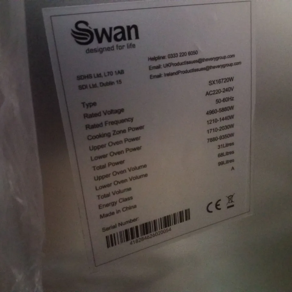 SWAN SX16720W 60CM WIDE TWIN CAVITY ELECTRIC COOKER WITH CERAMIC HOB
