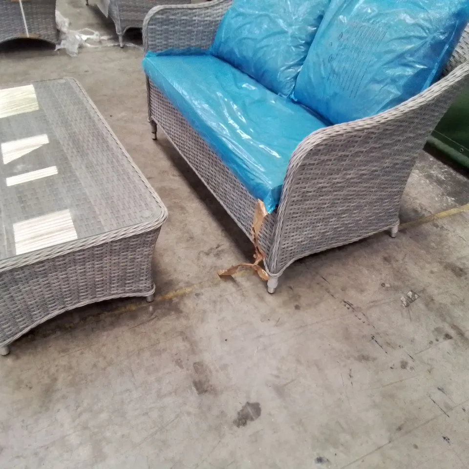 DESIGNER GREY RATTAN COFFEE SET OF TWO SEATER SOFA WITH CUSHIONS & GLASS TOP COFFEE TABLE 