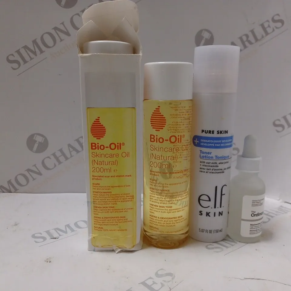 APPROXIMATELY 4 COSMETICS ITEMS TO INCLUDE BIO-OIL SKINCARE OIL (200ml), THE ORDINARY HIGH-STRENGTH VITAMIN & MINERAL BLEMSIH FORMULA (30ml), ELF SKIN TONER (150ml), ETC
