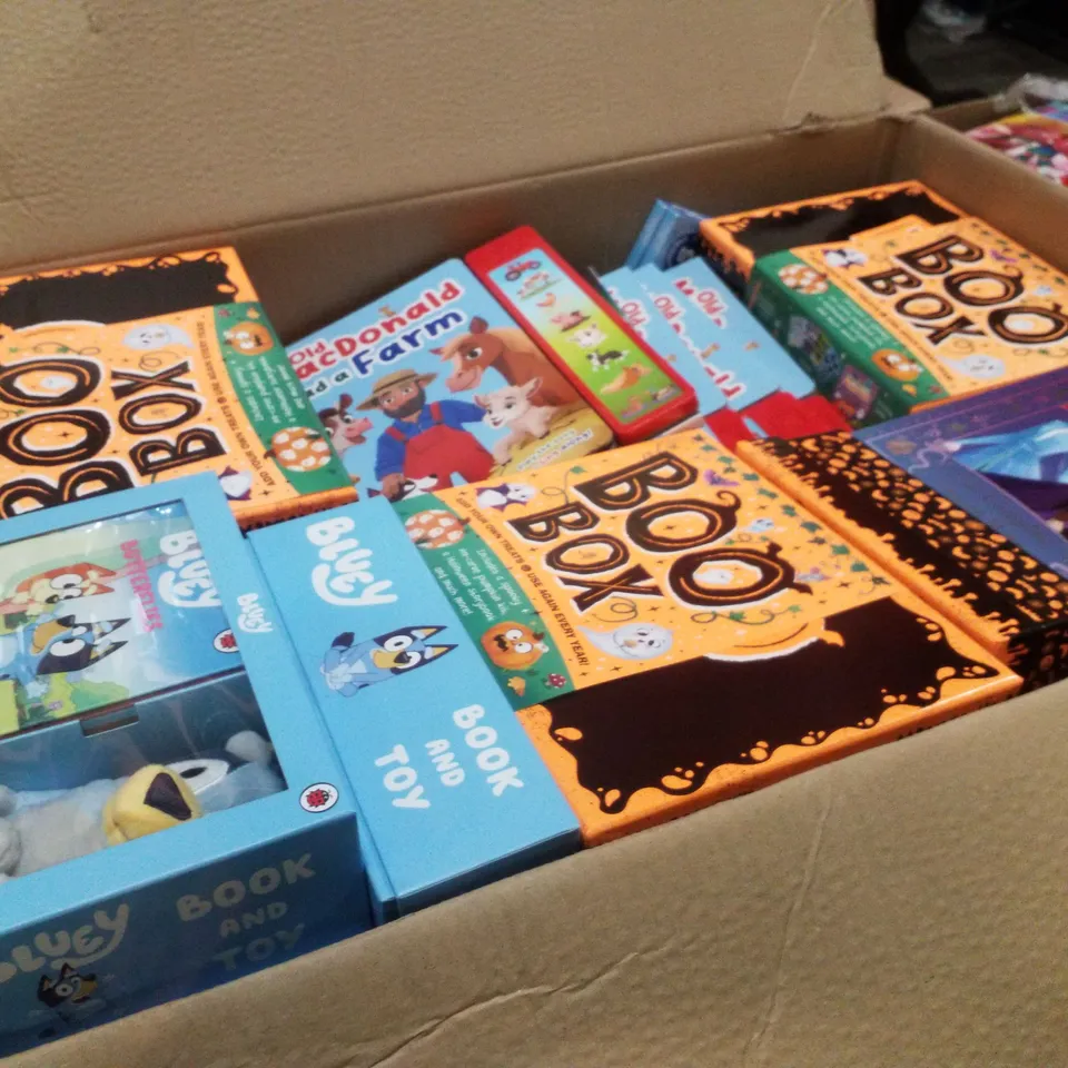 PALLET CONTAINING ASSORTED CHILDRENS  BOOKS & ACTIVITES INCLUDING BOO BOX, BLUEY TOY AND BOOK,  DISNEY FROZEN COMPLETE STORY & OLD MACDONALD HAD A FAR BOOK