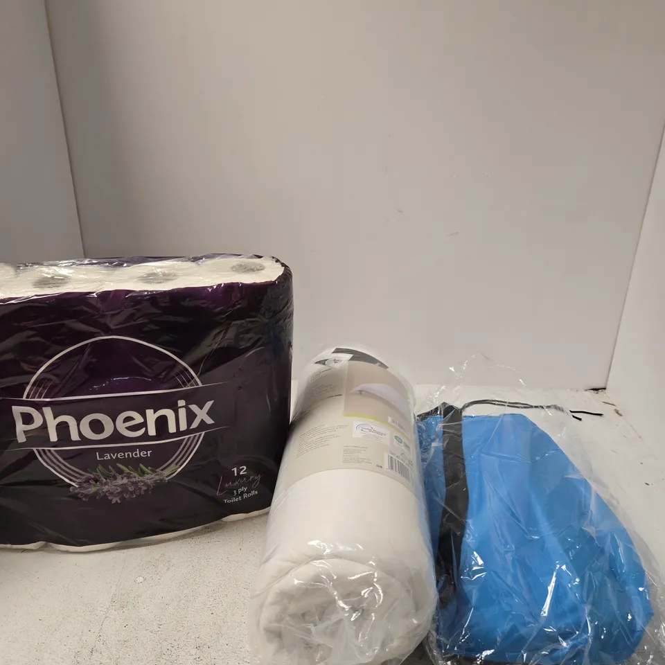 BOX OF APPROXIMATELY 10 ASSORTED ITEMS INCLUDING TOILET ROLL, A DUVET AND A BLUE BAG