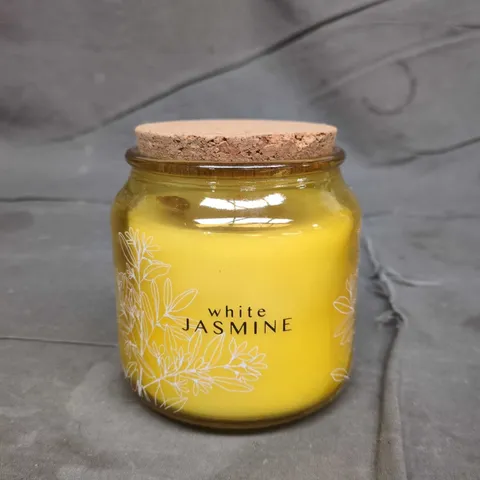 WHITE JASMINE SCENTED CANDLE IN GLASS JAR WITH CORK LID