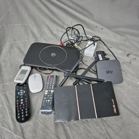 TOTE OF APPROXIMATELY 12 ASSORTED ELECTRICAL PRODUCTS TO INCLUDE - ROUTERS - REMOTES - MOUSE - ETC