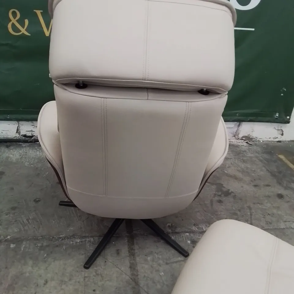 QUALITY BRITISH DESIGNER & MANUFACTURED G PLAN LUND MANUAL RECLINING SWIVEL CHAIR & FOOTSTOOL CAMBRIDGE STONE LEATHER