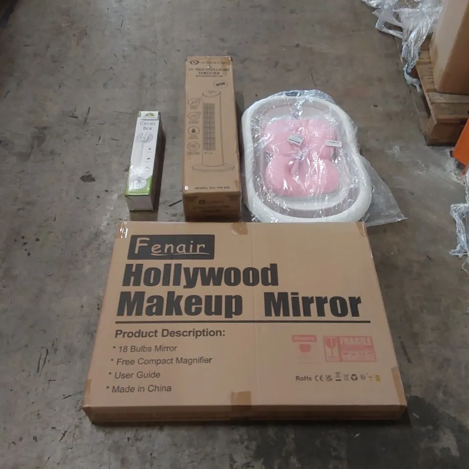 PALLET OF ASSORTED ITEMS INCLUDING: HOLLYWOOD MAKEUP MIRROR, OSCILLATING TOWER FAN, GRAB BAR, CHAIR ECT