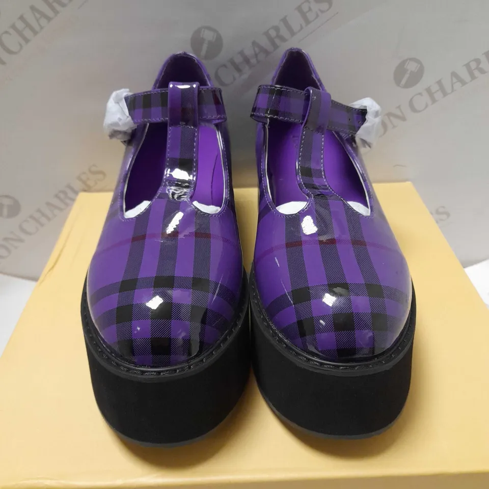 KOI MORENO PLAID PLATFORM MARY JANES SHOES, PURPLE CHECK PATENT - SIZE 5
