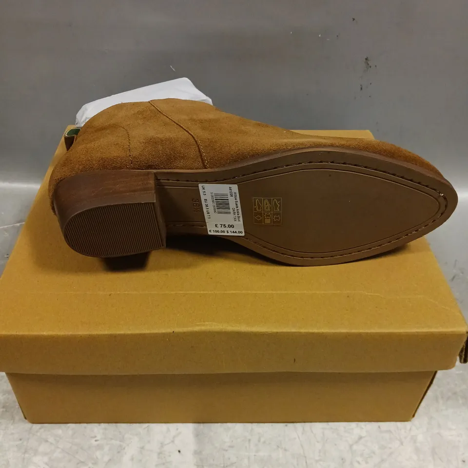 BOXED PAIR OF WHITE STUFF WILLOW SUED ANKLE BOOTS IN DARK TAN - 5.5