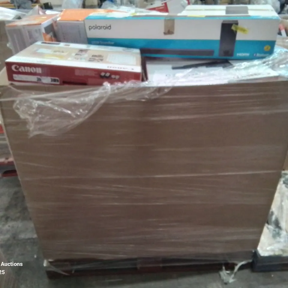 PALLET CONTAINING VARIOUS ASSORTED BOXED ELECTRONIC ITEMS TO INCLUDE: SEVERAL PRINTERS, CHARGERS, HEADPHONES, ALARM CLOCKS, SPEAKERS, POLAROID SOUNDBAR ETC.