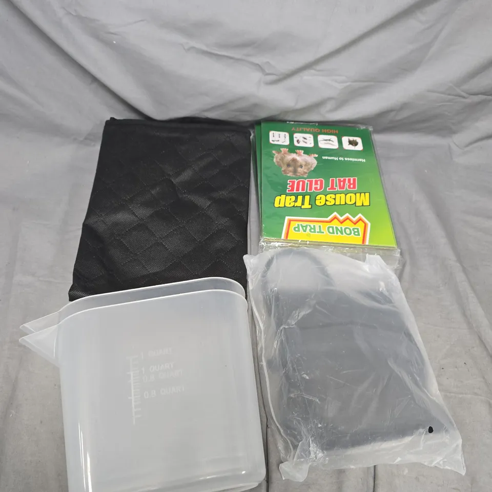 APPROXIMATELY 20 ASSORTED HOUSEHOLD PRODUCTS TO INCLUDE RAT GLUE , BLANKETS , WATER JUGS , ETC 